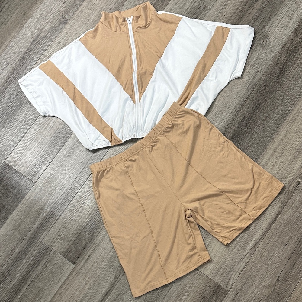 Two-Piece Beige and White Zip Top with Matching Shorts Set